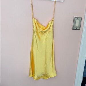 Yellow Satin Mini Slip Dress with Cowl Neck